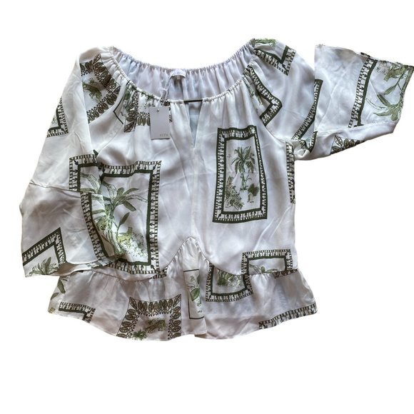 NWT Ecru Bellucci Tropical Postcard Bar Detail Animal Print Indie Ruffle Top-L - Picture 11 of 16